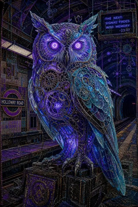 translucent resin clockwork owl, poised like a monumental sentry on an abandoned - AI生成图片 1