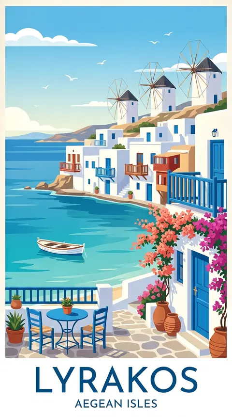 一张复古旅行海报风格的爱琴海虚构海岛“Lyrakos”海景插画，竖版构图，干净的中世纪现代主义平面插画风，柔和粉彩配色，高饱和但不刺眼，大片纯净天空蓝与海湾深浅 - AI生成图片 4