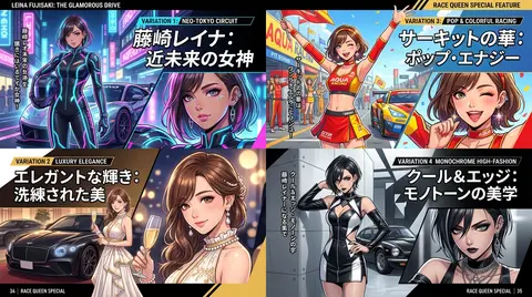 レースクイーン特集雑誌の見開きページデザイン、アニメイラスト調、4枚構成、それぞれ異なるスタイルアレンジ。主役は日本人女性モデル「藤崎レイナ」、引き締まった華や - AI生成图片 2