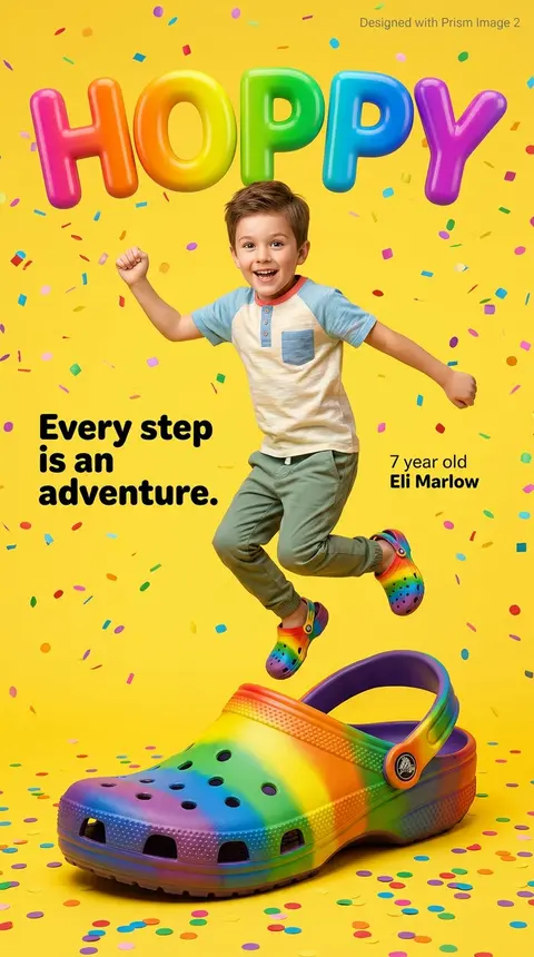 A vibrant children’s footwear advertisement poster featuring a joyful 7-year-old - AI生成图片 2