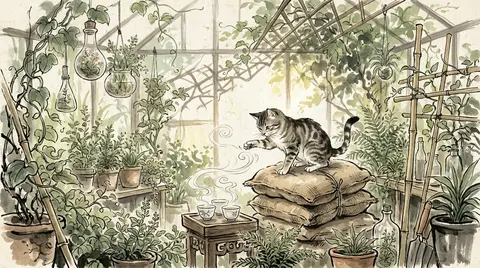 A mischievous tea-house cat perched atop a stack of rough burlap cushions, batti - AI生成图片 1