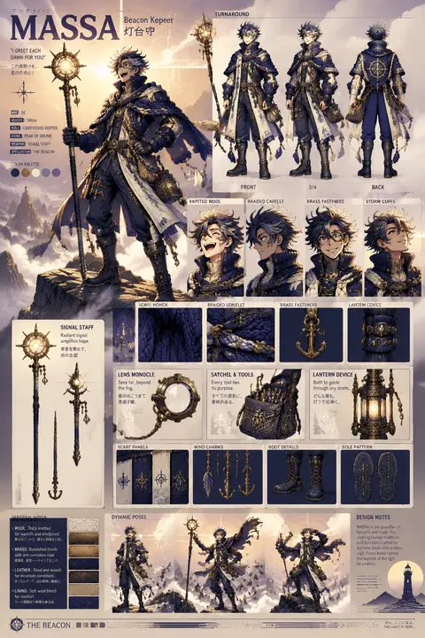 Character sheet for **MASSA**, a jubilant lighthouse keeper reimagined as a stri - AI生成图片 2