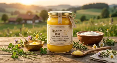 Create a premium brand visual for `ShanmukaTraders`, a pure and organic ghee man - AI生成图片 1
