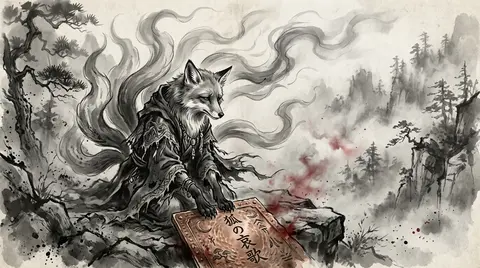 A melancholic fox deity with nine smoke-like tails, rendered in traditional ink - AI生成图片 3
