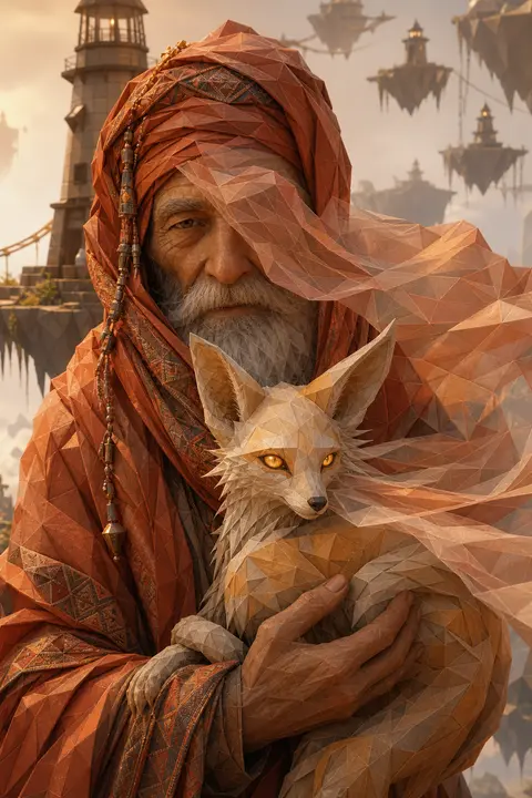 Close-up portrait of an elderly lighthouse keeper draped in layered woven silk, - AI生成图片 3