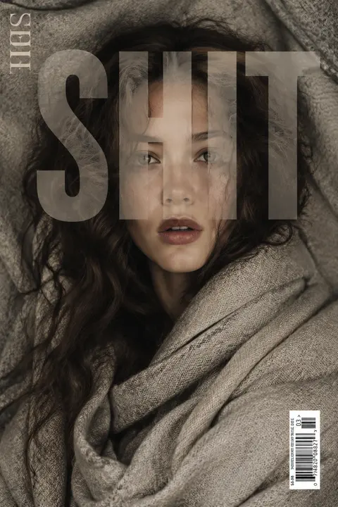 时尚杂志封面摄影，正面特写一位年轻女性模特，棕色微卷蓬松长发，冷静直视镜头，肤色自然细腻，淡雅裸妆，杏仁形眼睛，柔和高光，嘴唇微张；全身被米灰色粗织面料与围裹式 - AI生成图片 1