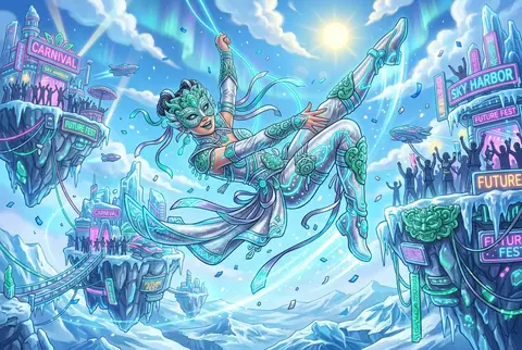 masked carnival acrobat on floating sky islands, joyful sunlit cyberpunk neon il - AI生成图片 1