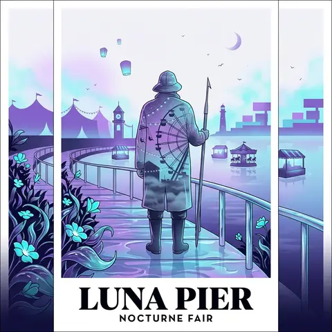 复古旅行海报风格插画，主题改为“LUNA PIER, NOCTURNE FAIR”，竖版构图，画面极简而空灵，结合中世纪现代海报版式与双重曝光摄影质感，四周大面 - AI生成图片 1