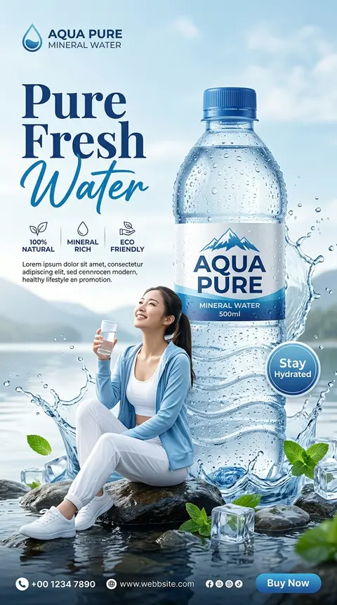 一张高端商业广告风的方形瓶装矿泉水海报，清新纯净的蓝白配色，现代健康生活方式主题，电商宣传图风格。画面中央偏右是一只超大号透明塑料矿泉水瓶，瓶身布满细密冷凝水珠 - AI生成图片 3