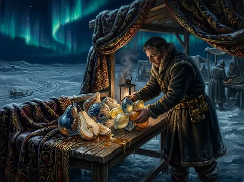 Baroque oil painting of a market fruit vendor on a frozen tundra beneath ripplin - AI生成图片 4