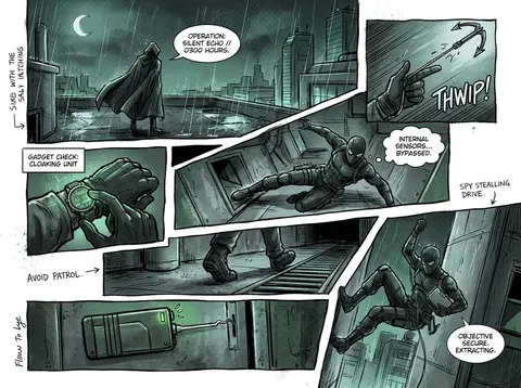 Full-page colored manga illustration of a secret spy mission. 5–7 dynamic panels - AI生成图片 2