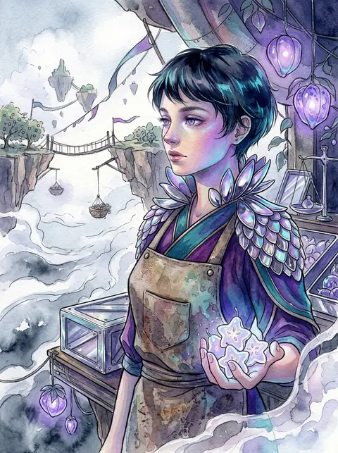 storybook watercolor illustration of a hush-filled fruit stall keeper on a suspe - AI生成图片 1