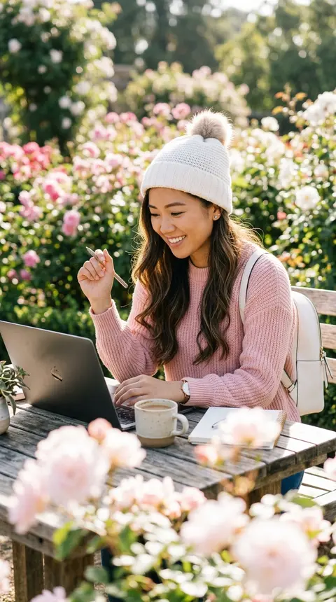 A vivid photograph of a young East Asian woman working outdoors, captured from a - AI生成图片 4