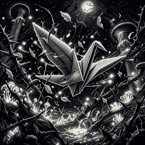 a living origami paper crane mid-flutter in a bioluminescent midnight forest, wi - AI生成图片 1
