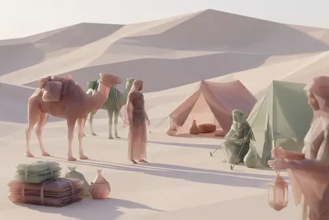 At dawn in a vast wind-shaped desert, an intimate nomad caravan pauses in a shal - AI生成图片 4