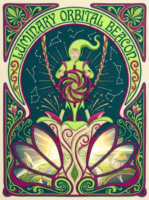 Art Nouveau poster of a jubilant lighthouse keeper aboard an orbital space stati - AI生成图片 1