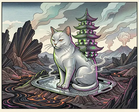 A silver-furred tea-house cat with elongated whiskers and half-lidded amber eyes - AI生成图片 1