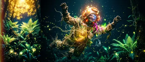 A jubilant deep-sea diver with an antique brass helmet transformed into a glowin - AI生成图片 1