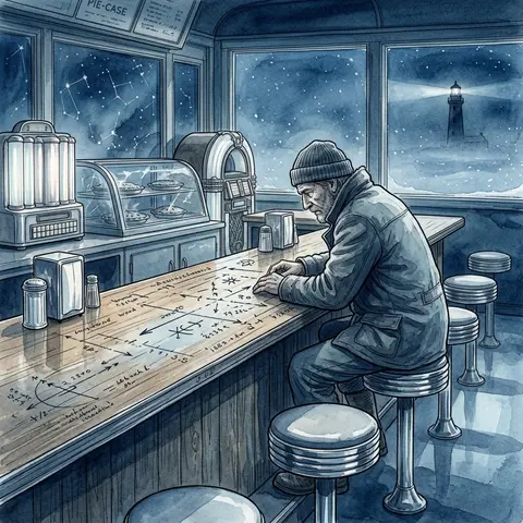 A solitary lighthouse keeper in a chrome-trimmed 1950s roadside diner at polar m - AI生成图片 2