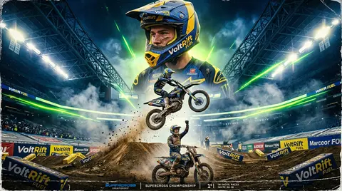 Ultra-dynamic motocross racing scene inside a colossal indoor arena, rendered wi - AI生成图片 3