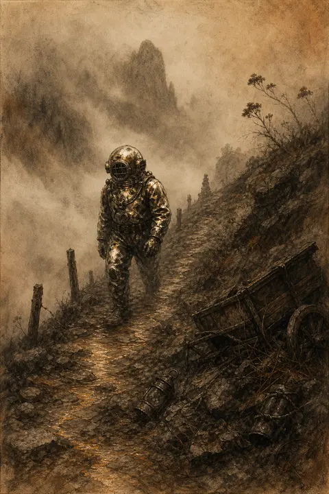 A melancholic nostalgic charcoal sketch of a deep-sea diver ascending a narrow m - AI生成图片 1