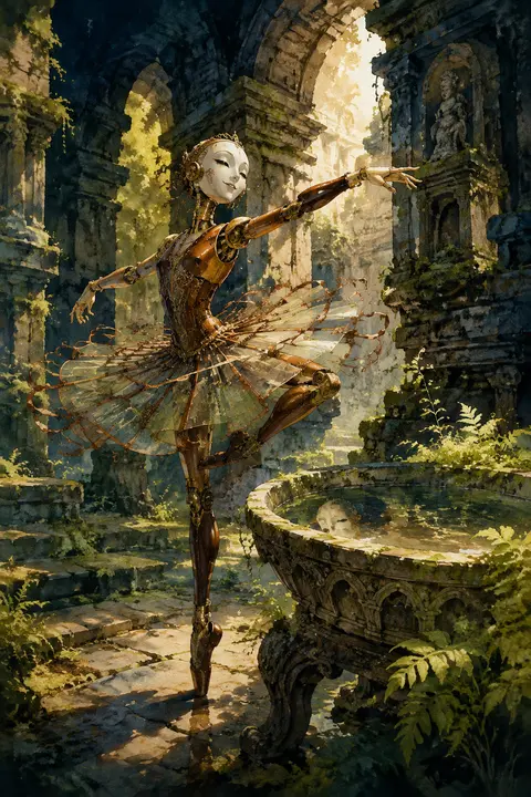 A jubilant robotic ballet dancer poised mid-pirouette in ancient moss-covered te - AI生成图片 1