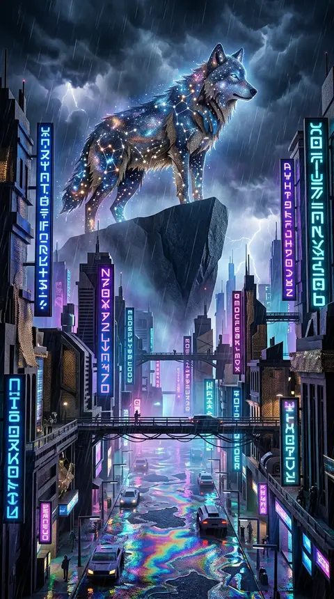 A monumental cosmic wolf formed from glittering constellations, perched with sov - AI生成图片 1