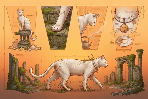 A wistful blueprint editorial poster centered on a fictional tea-house cat, reim - AI生成图片 2