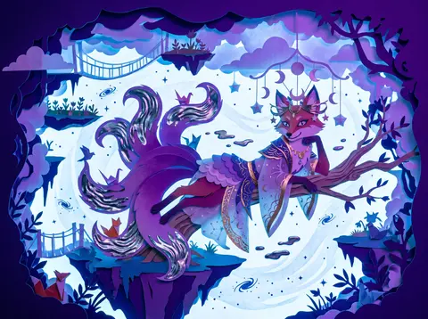 Whimsical portrait of a mythical nine-tailed fox spirit lounging midair across t - AI生成图片 2