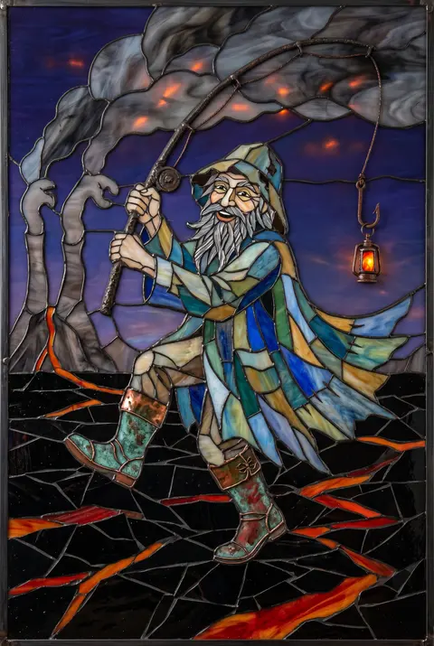 Whimsical stained-glass mosaic poster of an elderly fisherman with a forked silv - AI生成图片 1