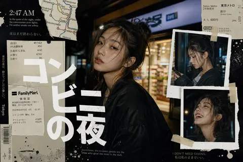 Y2K日系街头编辑拼贴海报，东亚面孔年轻女性，深夜便利店门口，微醺疲惫眼神却带着倔强，自然皮肤纹理光泽双唇凌乱高扎发髻，便利店暖黄灯光与街头冷蓝霓虹交织的柔和戏 - AI生成图片 1