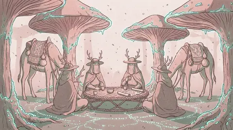 a desert nomad caravan pausing beneath towering fungal cedars in a bioluminescen - AI生成图片 1