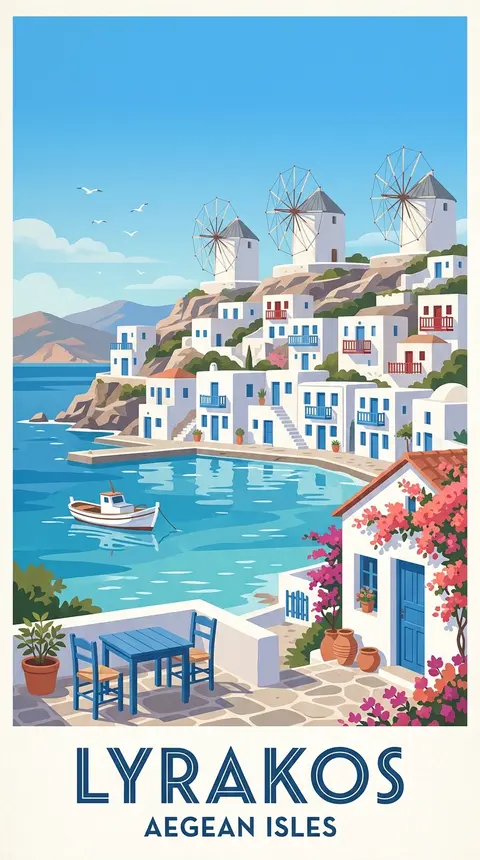一张复古旅行海报风格的爱琴海虚构海岛“Lyrakos”海景插画，竖版构图，干净的中世纪现代主义平面插画风，柔和粉彩配色，高饱和但不刺眼，大片纯净天空蓝与海湾深浅 - AI生成图片 2
