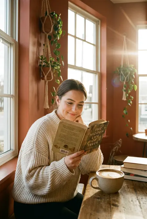 Warm cozy lifestyle photograph of a young woman with soft natural makeup reading - AI生成图片 1