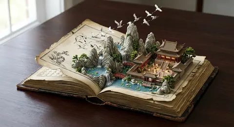 An ancient, weather-softened leather codex lies open across a near-black mahogan - AI生成图片 1