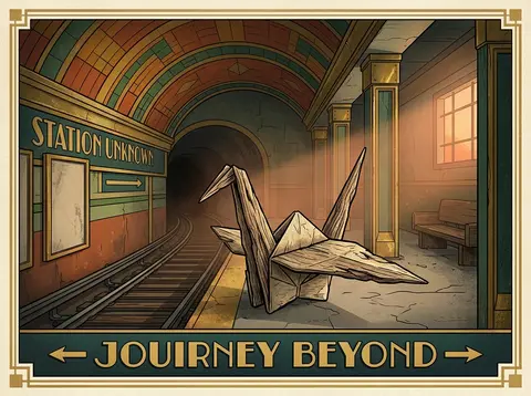 An intimate art deco travel poster of a living origami paper crane poised alone - AI生成图片 3