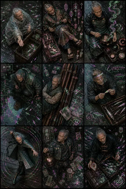 A refined 3x3 art-board of the same weathered elderly fisherman seen in every fr - AI生成图片 1