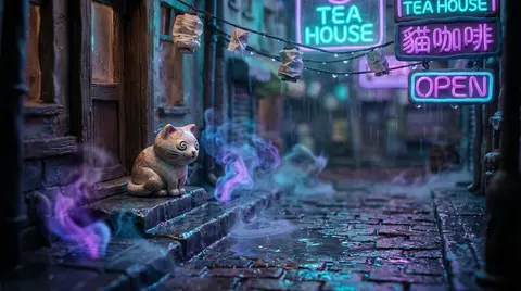 A serene tea-house cat with cracked porcelain fur sits on a rain-slick back alle - AI生成图片 3