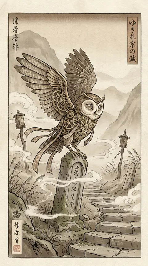 A dreamlike and serene ukiyo-e woodblock print of a clockwork owl poised on a we - AI生成图片 4