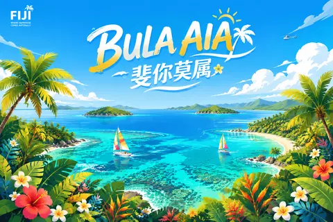 21:9超宽银幕高端商业旅游主视觉插画，斐济旅游主题KV海报设计，整体风格为高清矢量插画（vector illustration + clean edges + - AI生成图片 2