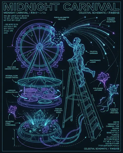 vertical 9:16 midnight carnival poster rendered as a blueprint schematic, a cele - AI生成图片 1