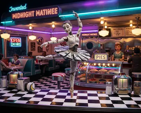 Claymation stop-motion tableau inside a chrome-trimmed 1950s roadside diner at m - AI生成图片 1