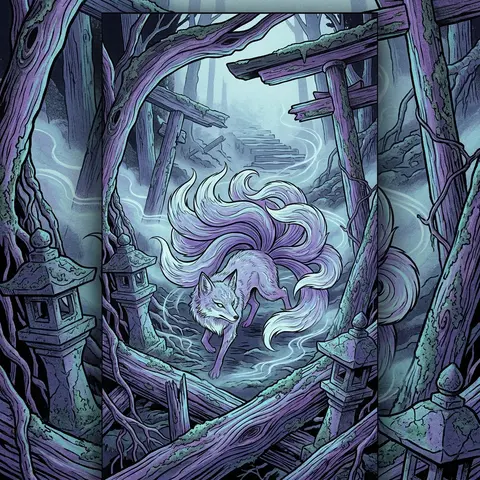 9:16 vertical poster, a lone nine-tailed fox spirit at the center of ancient mos - AI生成图片 3