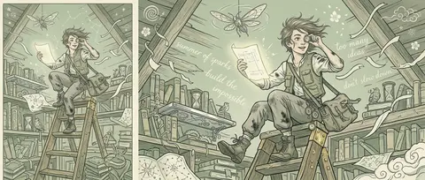 a young tinkering inventor perched mid-motion atop a precarious stack of brass-s - AI生成图片 2