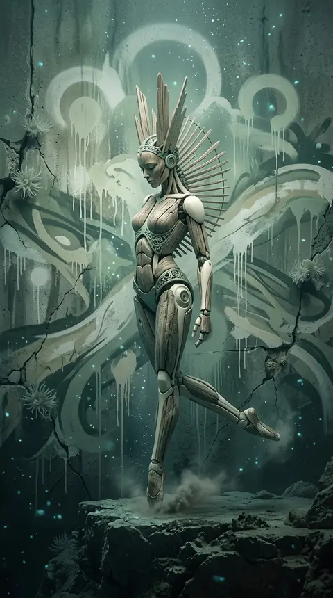 Full-body depiction of a poised robotic ballet dancer suspended just above a jag - AI生成图片 2