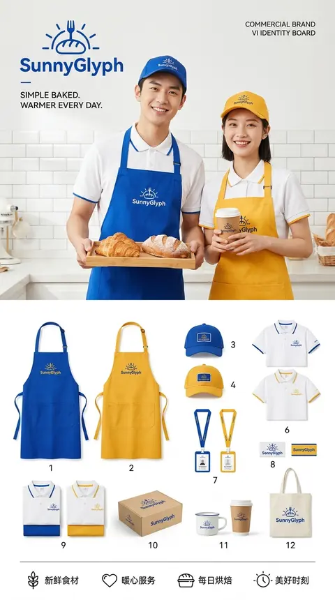 品牌 VI 工装版式展板，烘焙店 **SunnyGlyph** 全套视觉物料展示，明亮克莱因蓝 + 暖黄撞色主色调，干净 ins 风商业品牌设计主视觉：一男一女 - AI生成图片 1