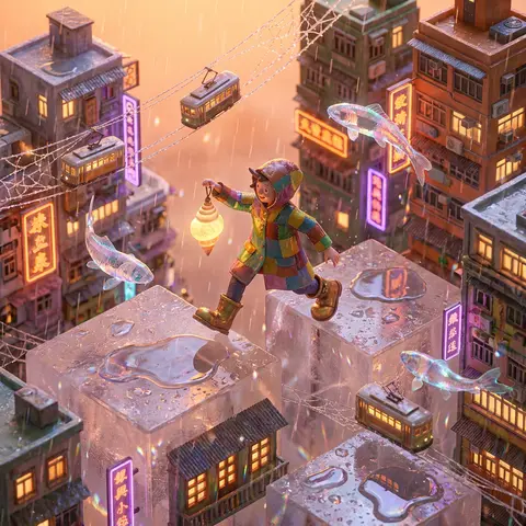 Isometric miniature scene of an eccentric lighthouse keeper in a patchwork slick - AI生成图片 1