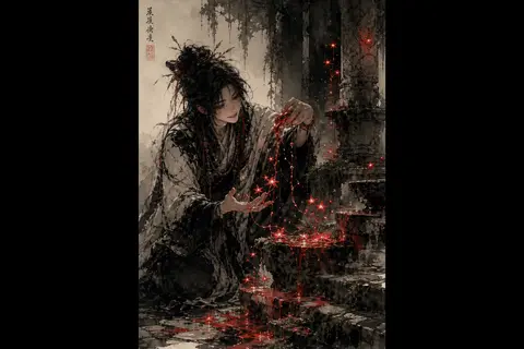 9:16 vertical ink-wash portrait of a whimsical celestial gardener in crumbling t - AI生成图片 2