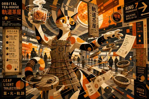 A wildly dynamic Bauhaus geometric poster of a tea-house cat commanding a bustli - AI生成图片 1