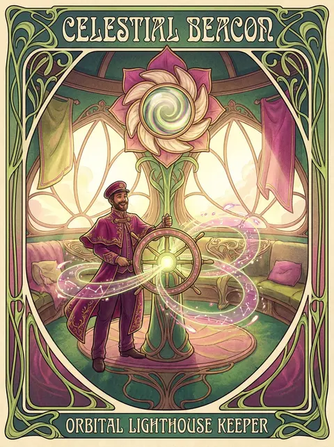 Art Nouveau poster of a jubilant lighthouse keeper aboard an orbital space stati - AI生成图片 3